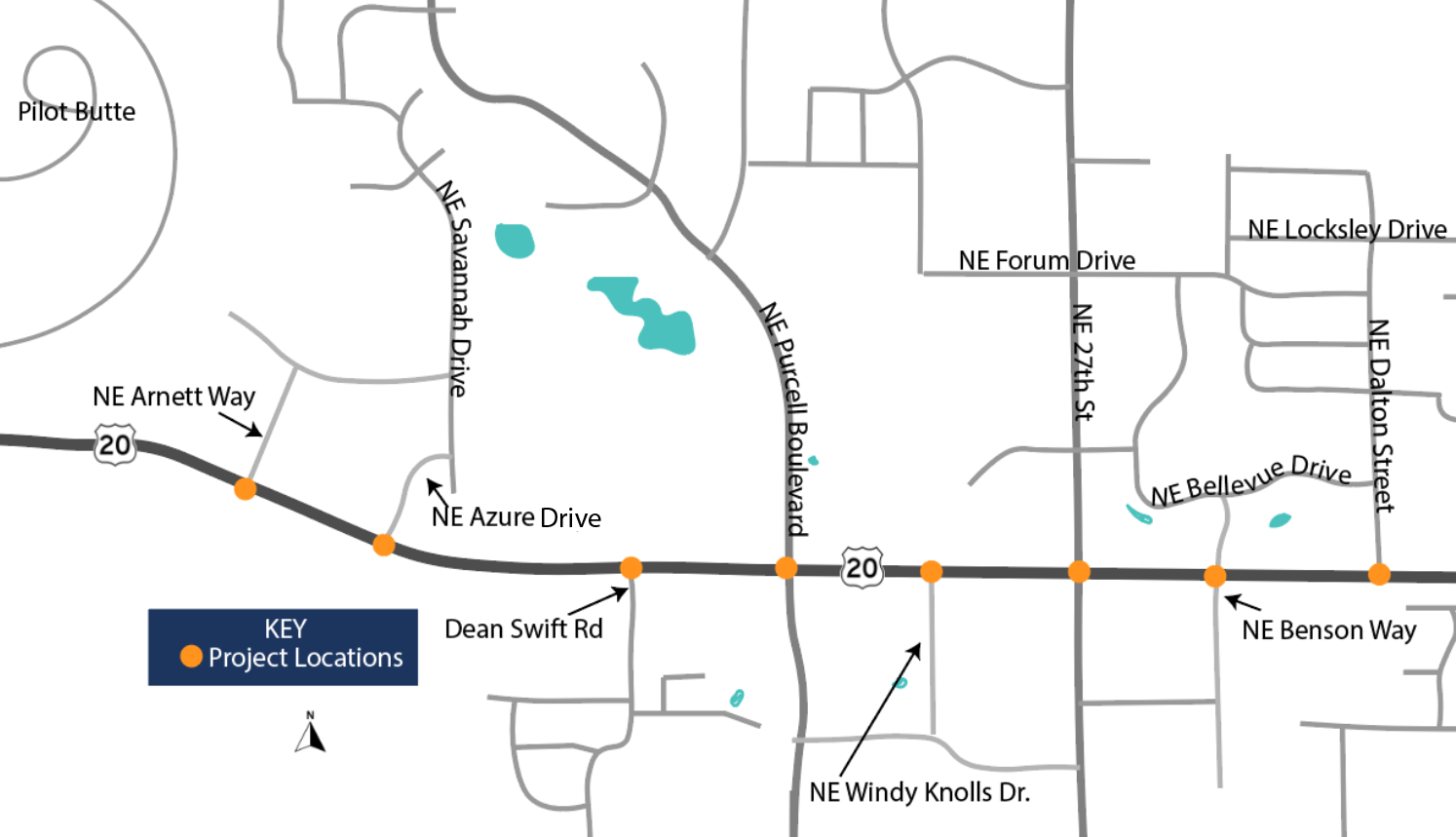 map of project locations in Bend hwy 20