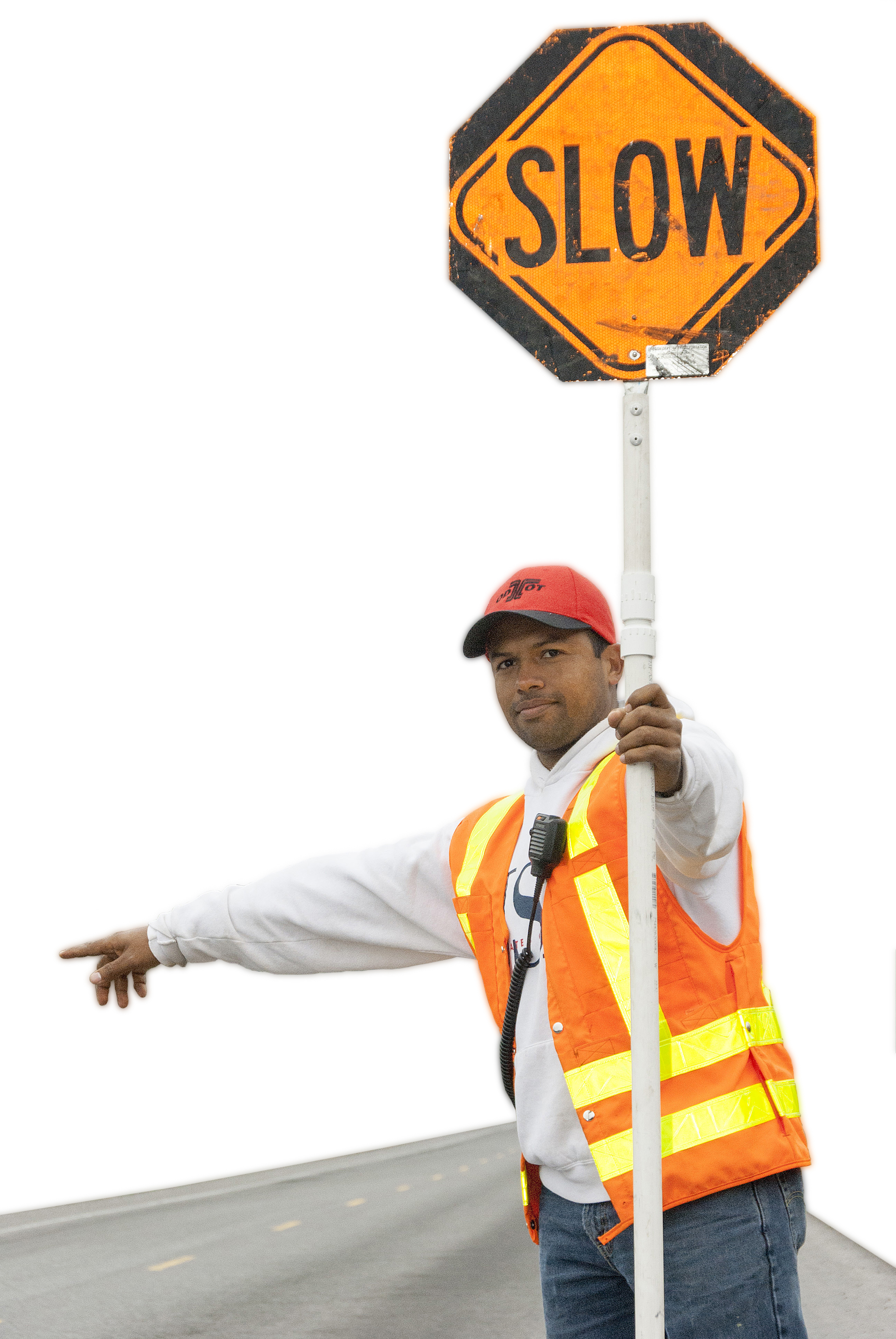 Flagger pointing holding slow sign