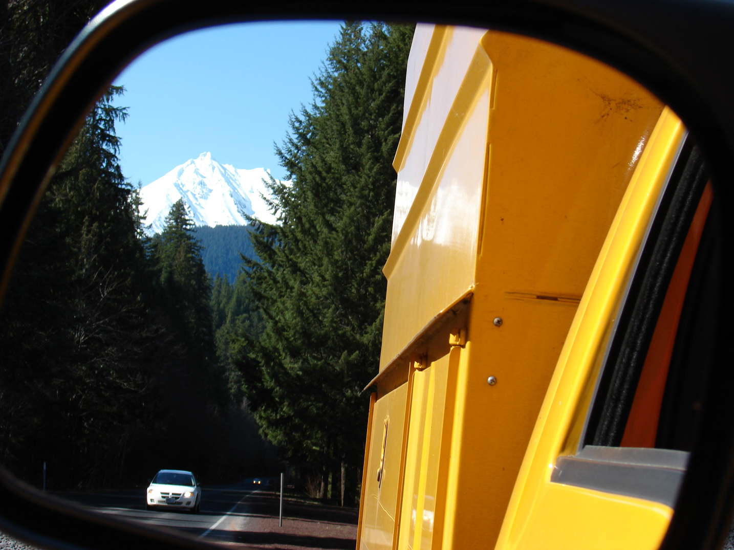 Mt. Jefferson reflected in a truck's mirror