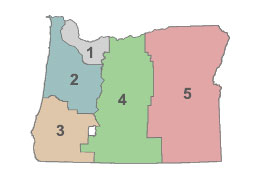 Oregon state map showing the five transportation regions