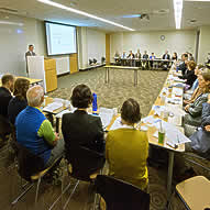 Committee meeting listening to person speaking at podium