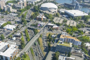An aerial photo of I-5 in Portland's Rose Quarter.