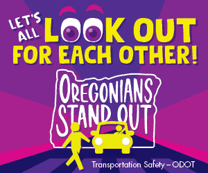 Let's all look out for each other. Oregonians Stand Out. Text on a purple background with googly eyes as the "O"s in Look. 