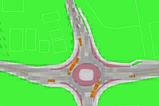 A rendering of a roundabout on a green background