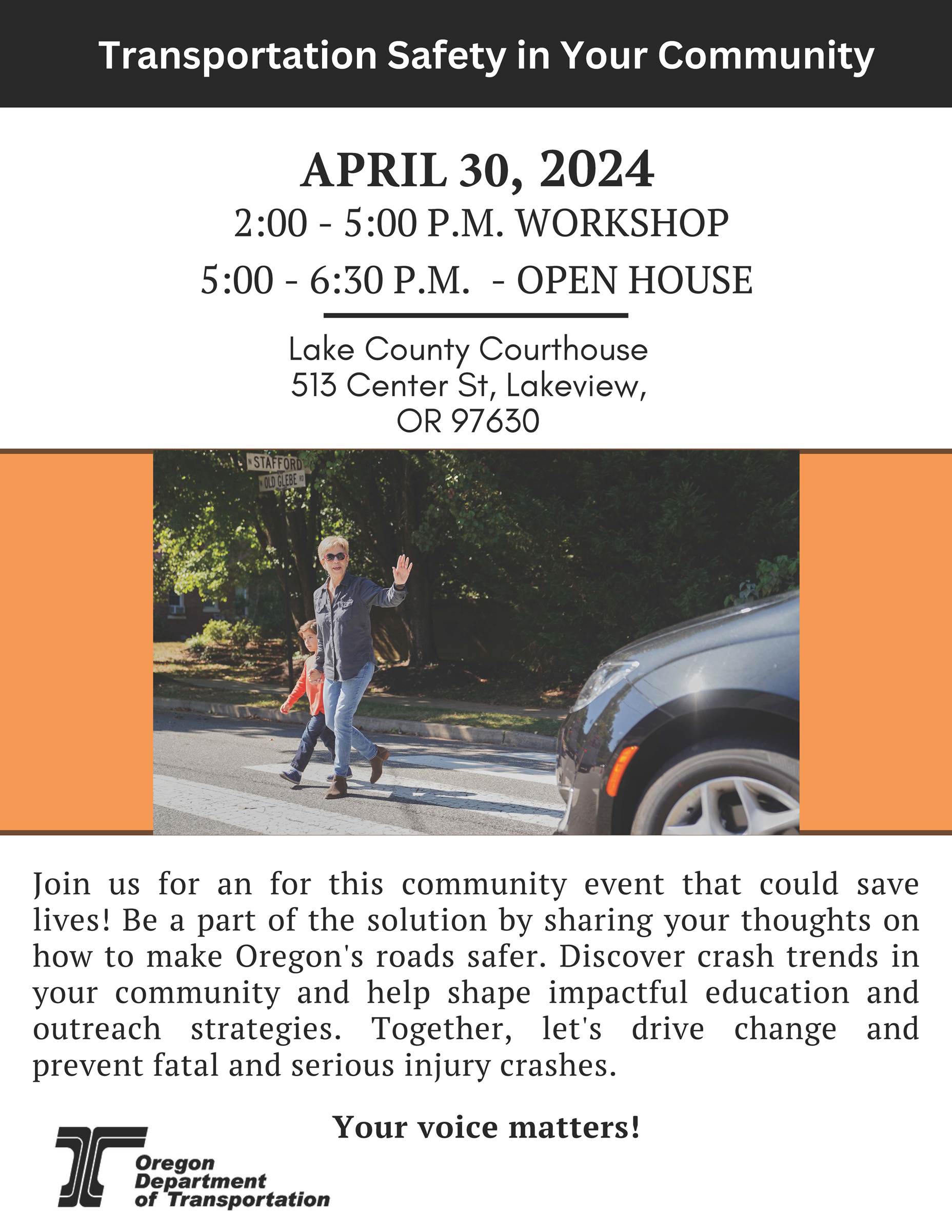 Flyer for the Public Participation and Engagement Event in Lakeview Oregon on 04-30-2024