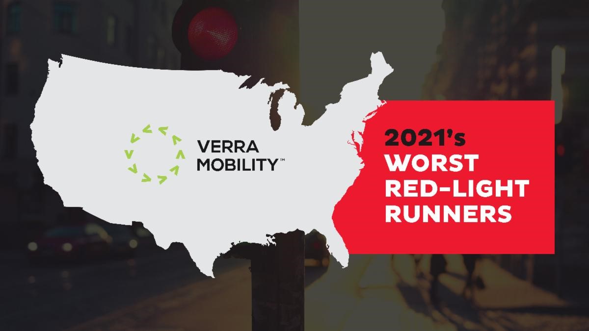 Verra Mobility Logo - outline map of the US with text that reads 2021's Worst Red-Light Runners