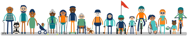 Active and Alternative Transportation graphic showing a variety of road users lined up together for walking, bicycling, etc.