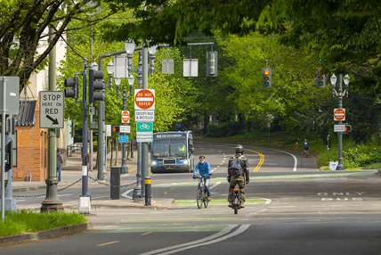 Several people shown riding their bikes in a bike lane next to a multi-lane road in a residential area