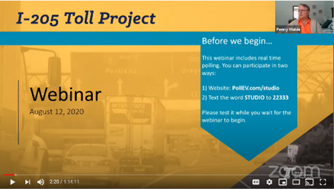 Screenshot of a I-205 Toll Project Webinar held on August 12, 2020. 