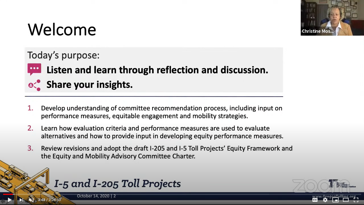 Screenshot of advisory committee meeting held on October 14, 2020. Presentation shows welcome page with meeting purpose.