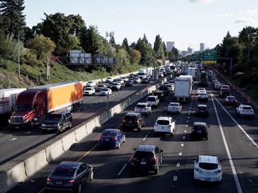 A photo shows traffic congestion on Interstate 5 in Portland.