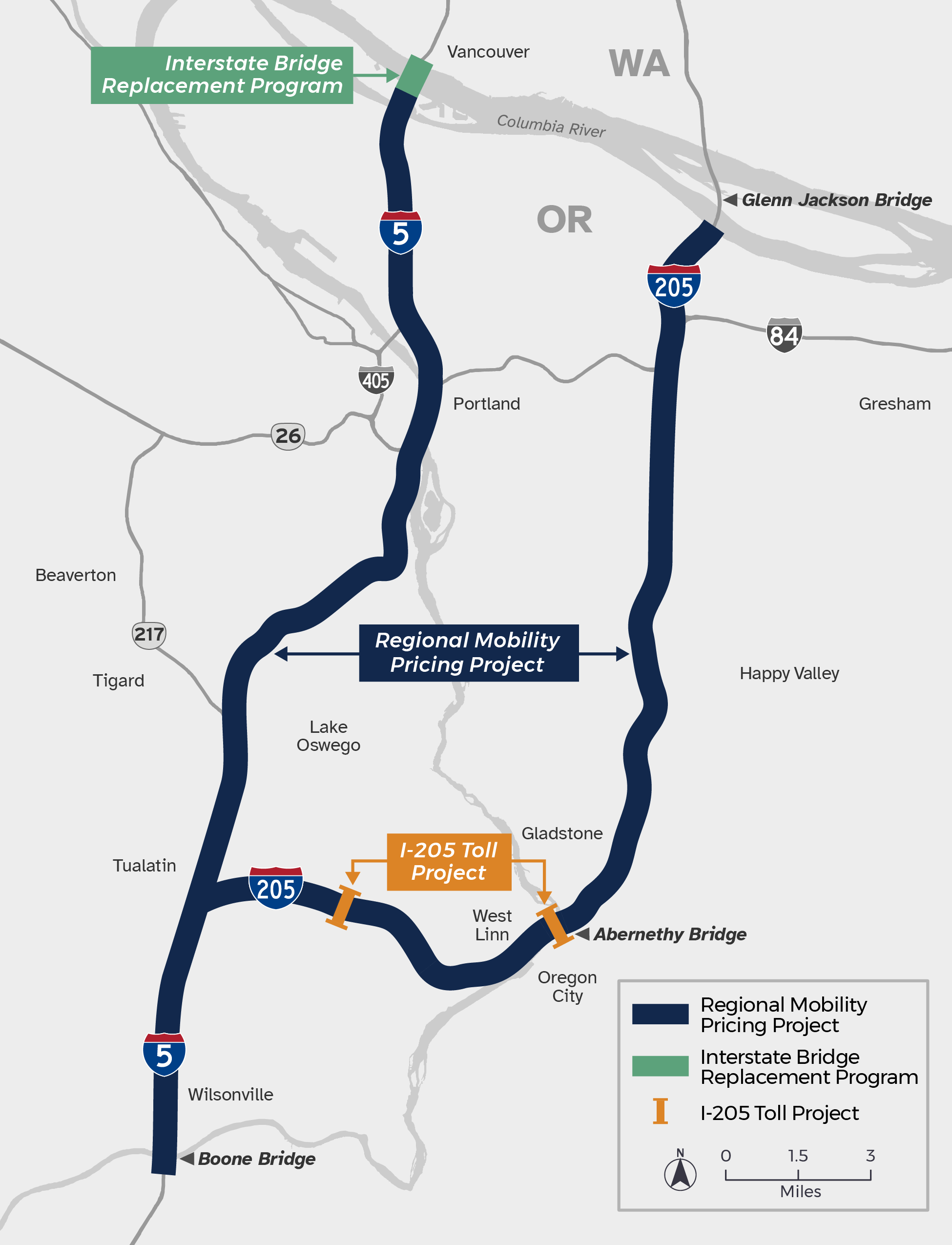The study area includes I 5 and and two oh 5 from the Oregon Washington state line to the Boone Bridge in Wilsonville.