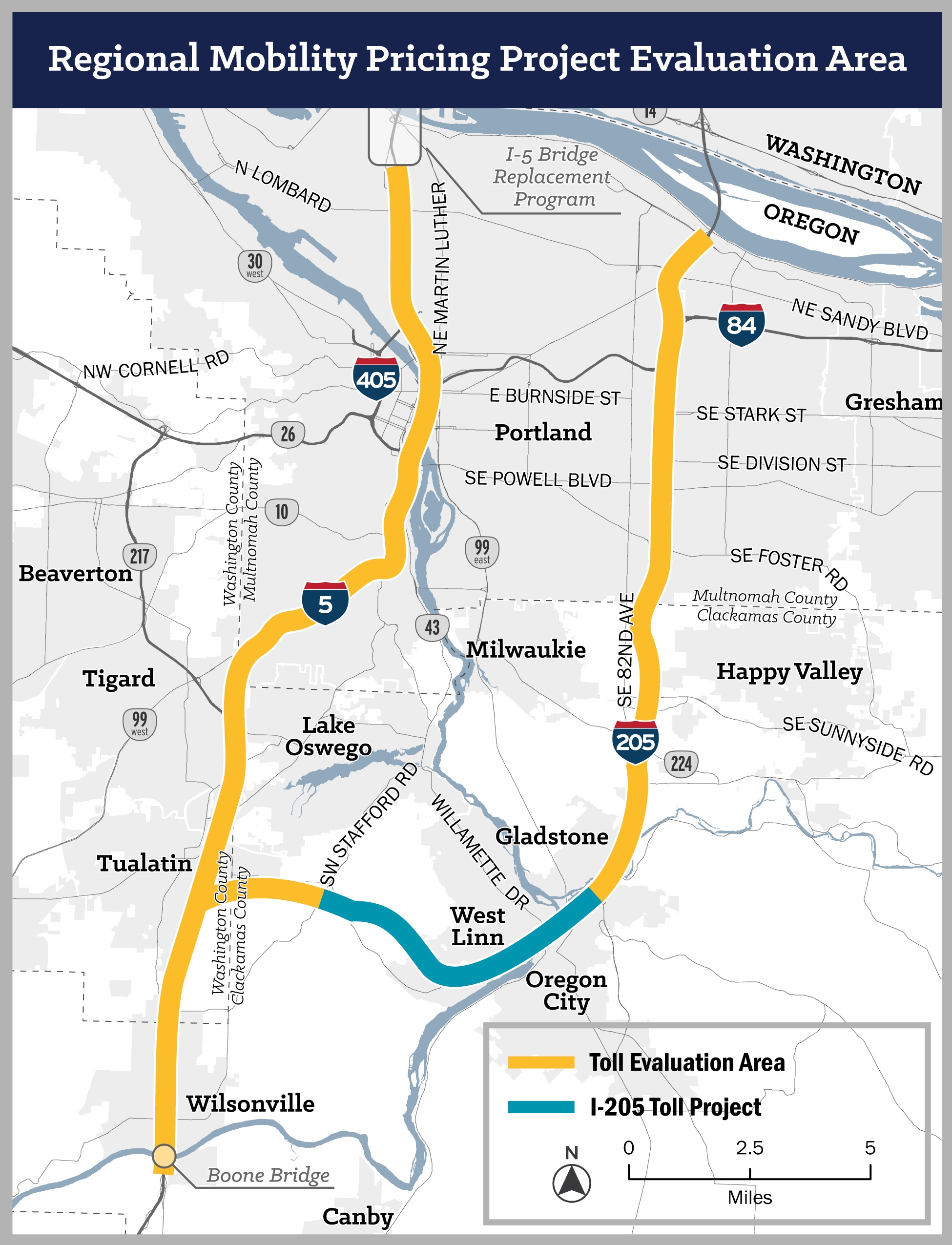 A map showing the Regional Mobility Pricing Project study arrea, which includes I-5 and I-205 from Boone Bridge 2 Columbia River