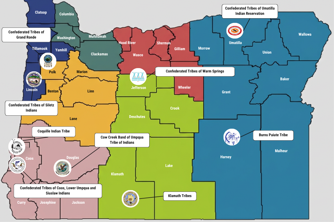   This map displays the seven service areas covered by the Regional Coordinators Program and the locations of the nine federally recognized Tribes of Oregon.