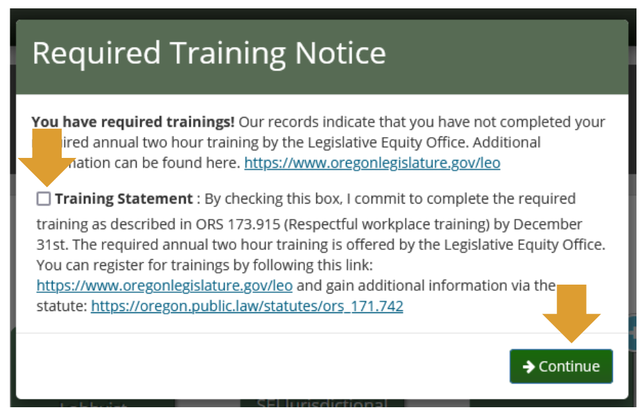 training commitment pop-up on EFS