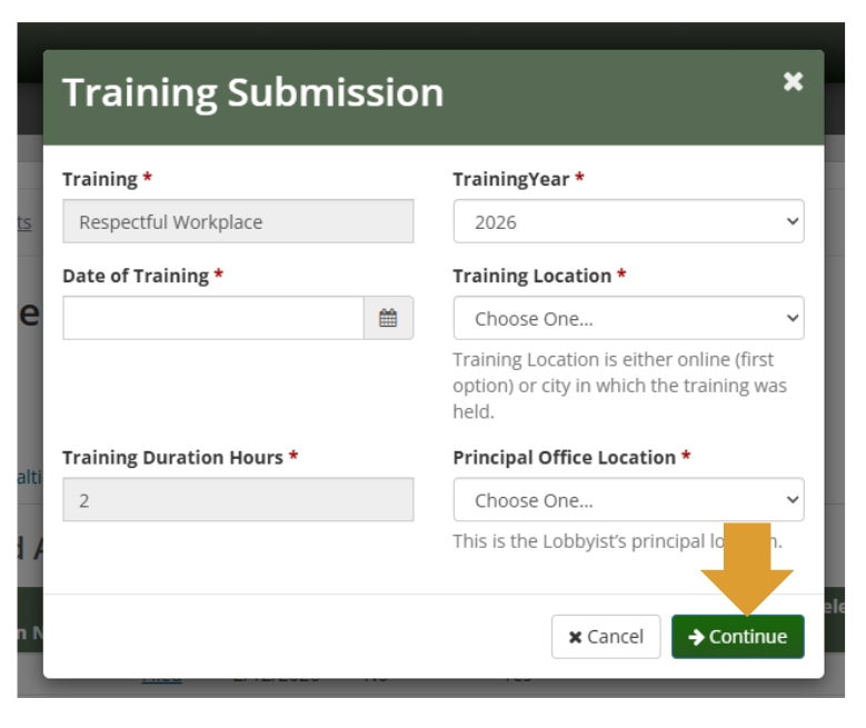 training submission pop-up on EFS