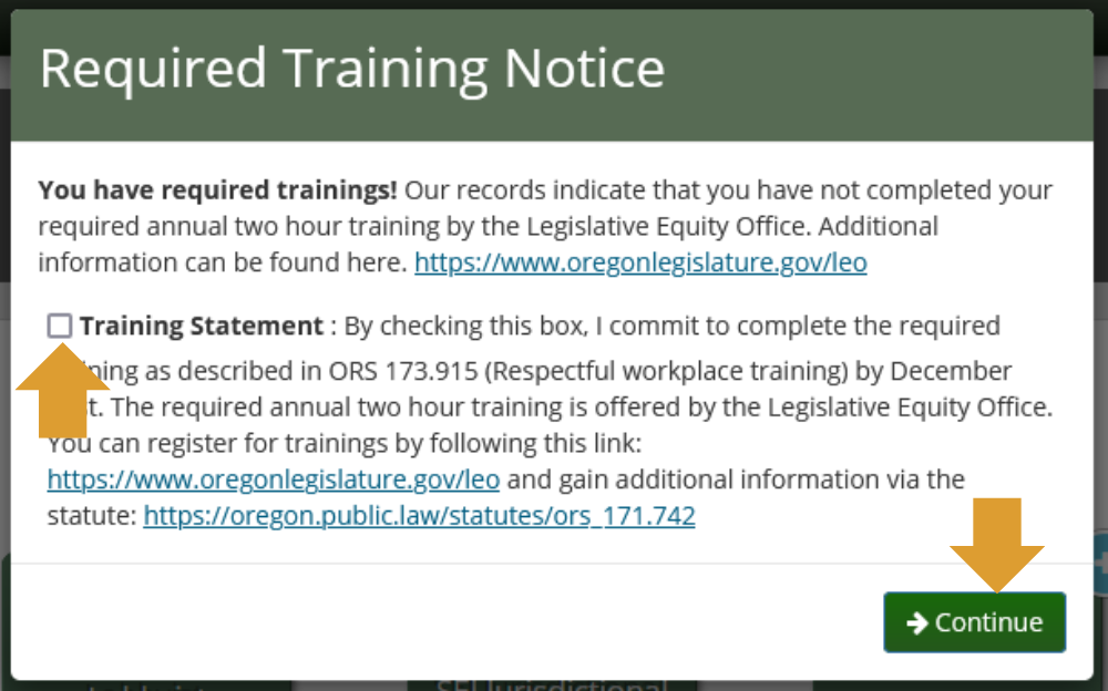 screen capture of training commitment pop-up