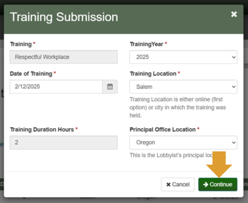 screen capture of training submission pop-up