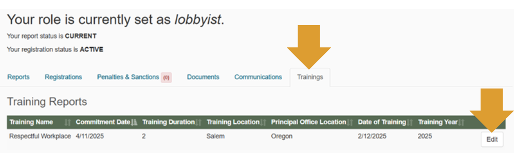 screen capture of trainings tab on EFS