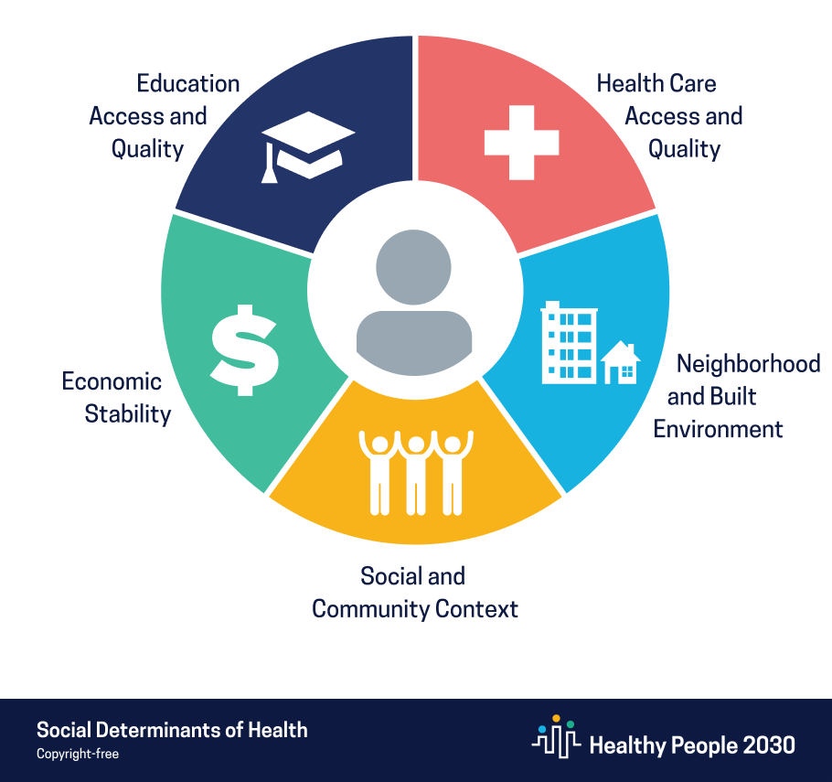 Figures representing the five kinds of Social Determinants of Health, described below.