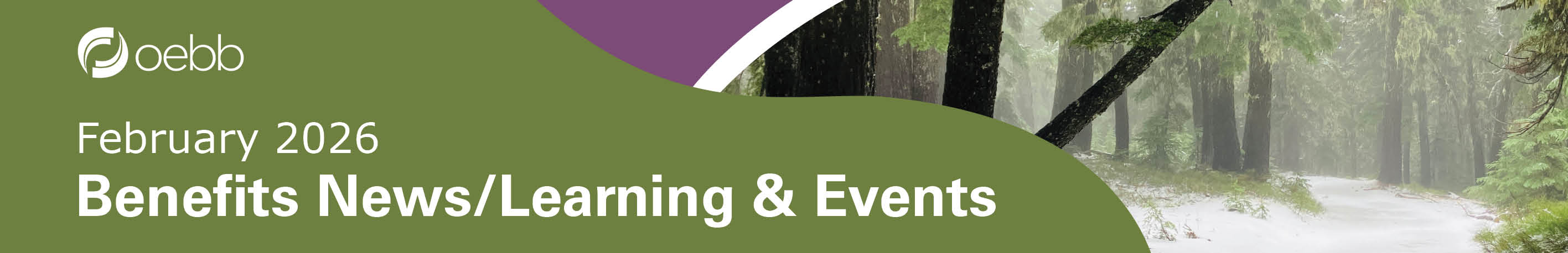 Banner image for OEBB's February 2026, News and Learning Events. A clearling in a misty forest with snow covering the ground.