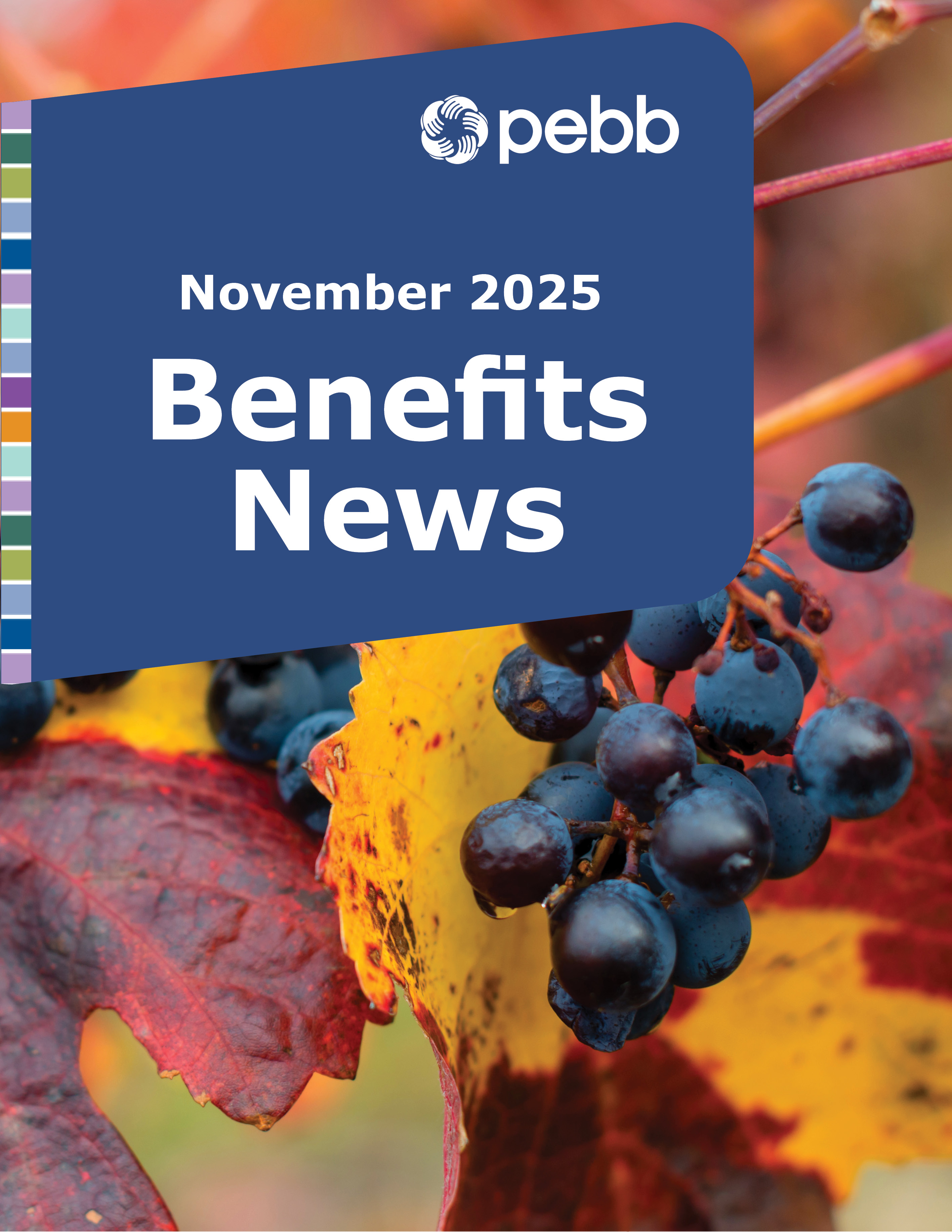 Red grapes on the vine surrounded by fall colored leaves. Navy blue box November Newsletter in white text. Click image to open.