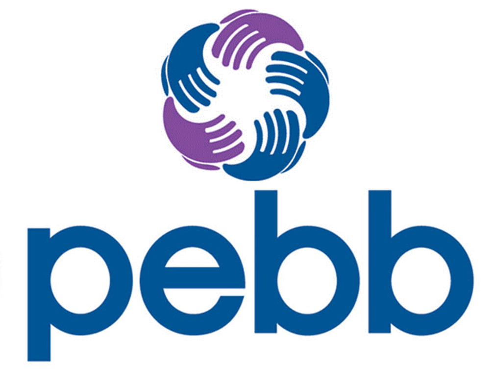 PEBB logo: Blue and purple hands wrapped in a circle. P.E.B.B. in navy blue text underneath.