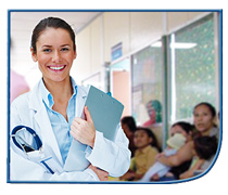 Image of a smiling female medical professional wearing a white coat and a stethoscope and holding a medical chart