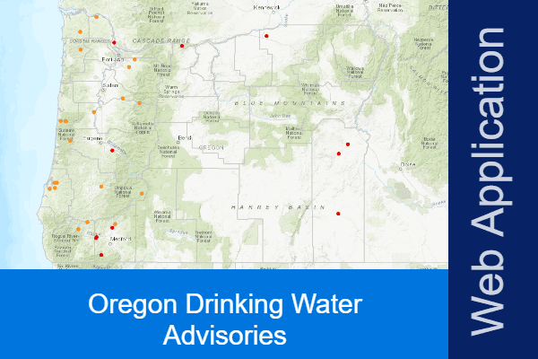 a map of Oregon State with county lines and red dots to indicate advisories. Click to go to GIS map.