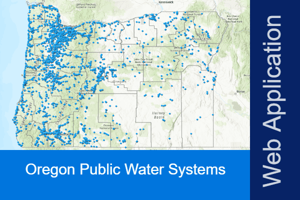 A map of Oregon State with the counties outlined and blue dots representing water systems. Click to go to GIS map.