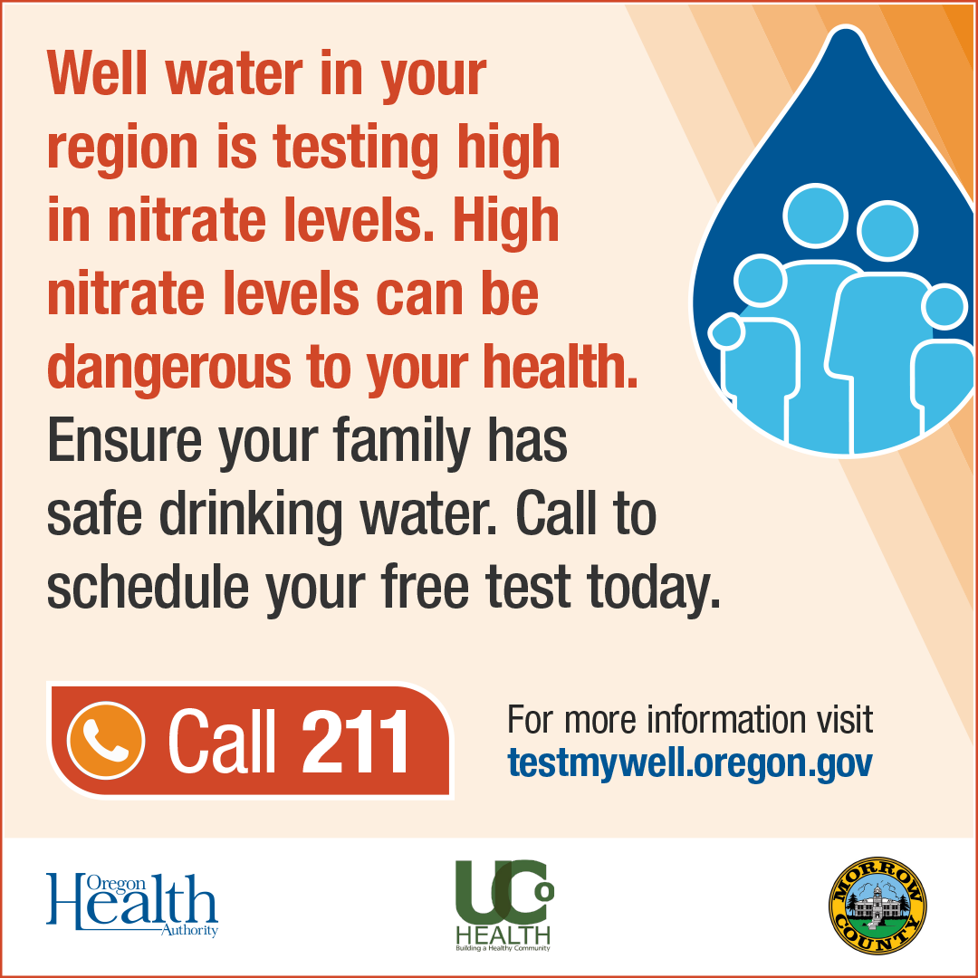 Social Media card that reads "Well water in your region is testing high in nitrate levels. High nitrate levels can be dangerous 