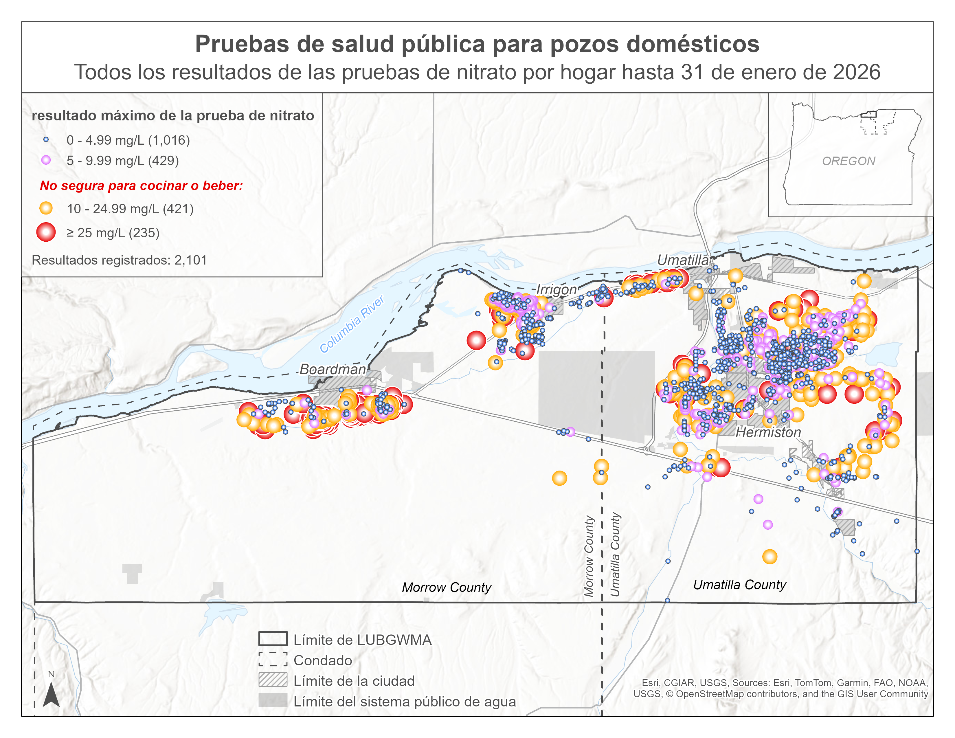 Un mapa que muestra todos los resultados de las pruebas de nitrato.
