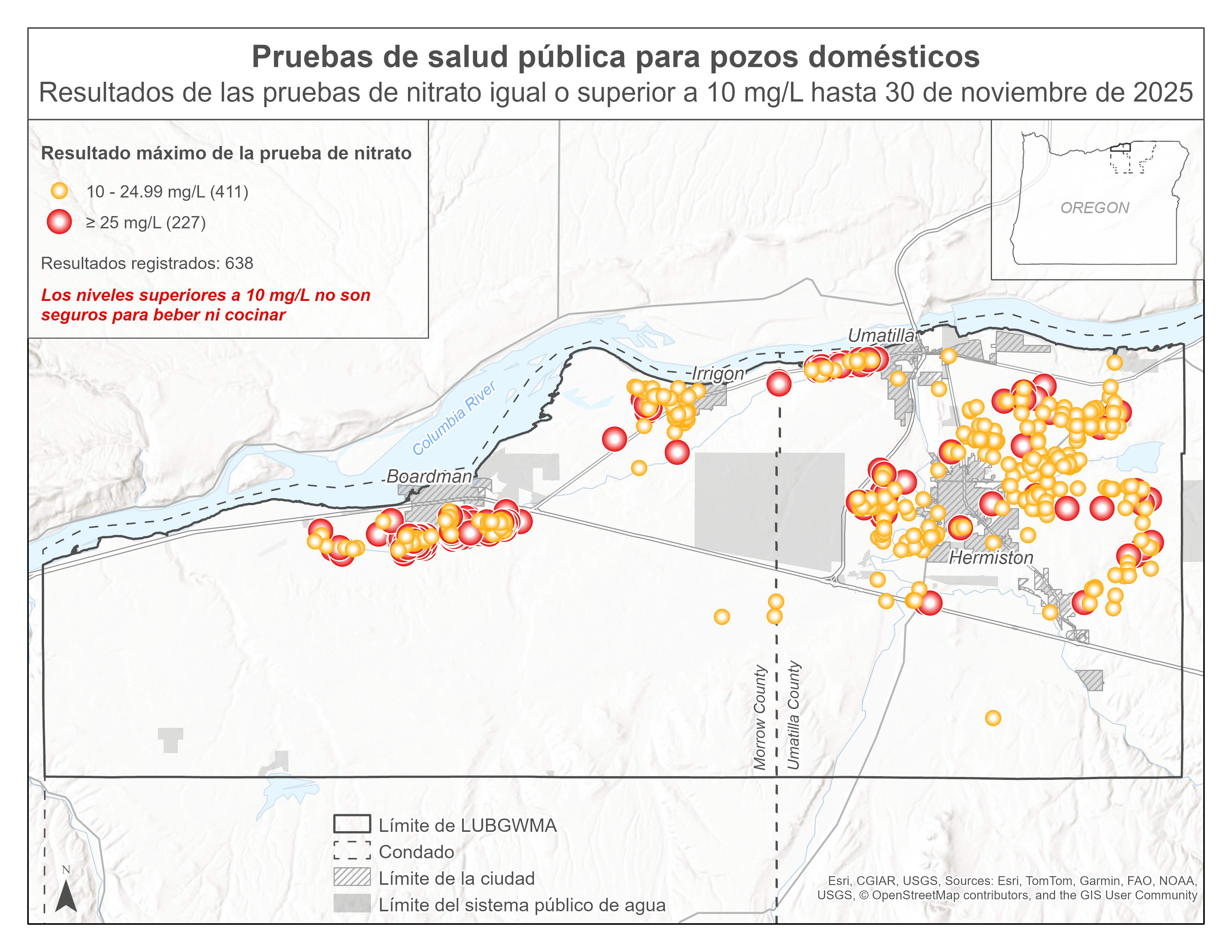 Nitrate test results at or above 10 mg/L