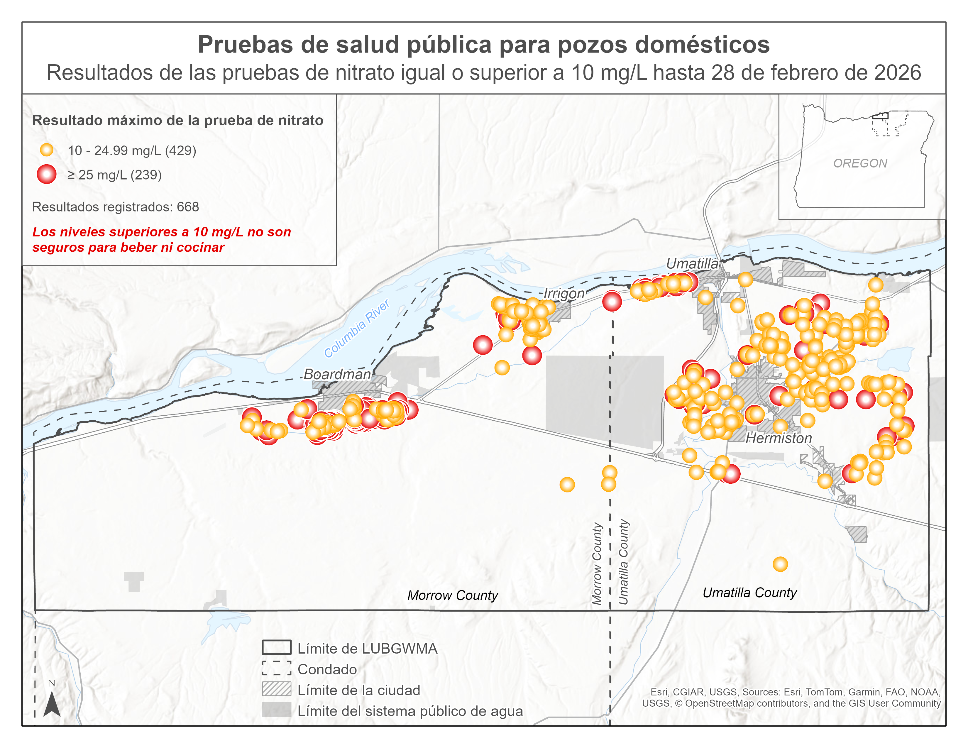 Mapa que muestra los resultados de las pruebas con niveles elevados de nitratos al 28 de febrero de 2026