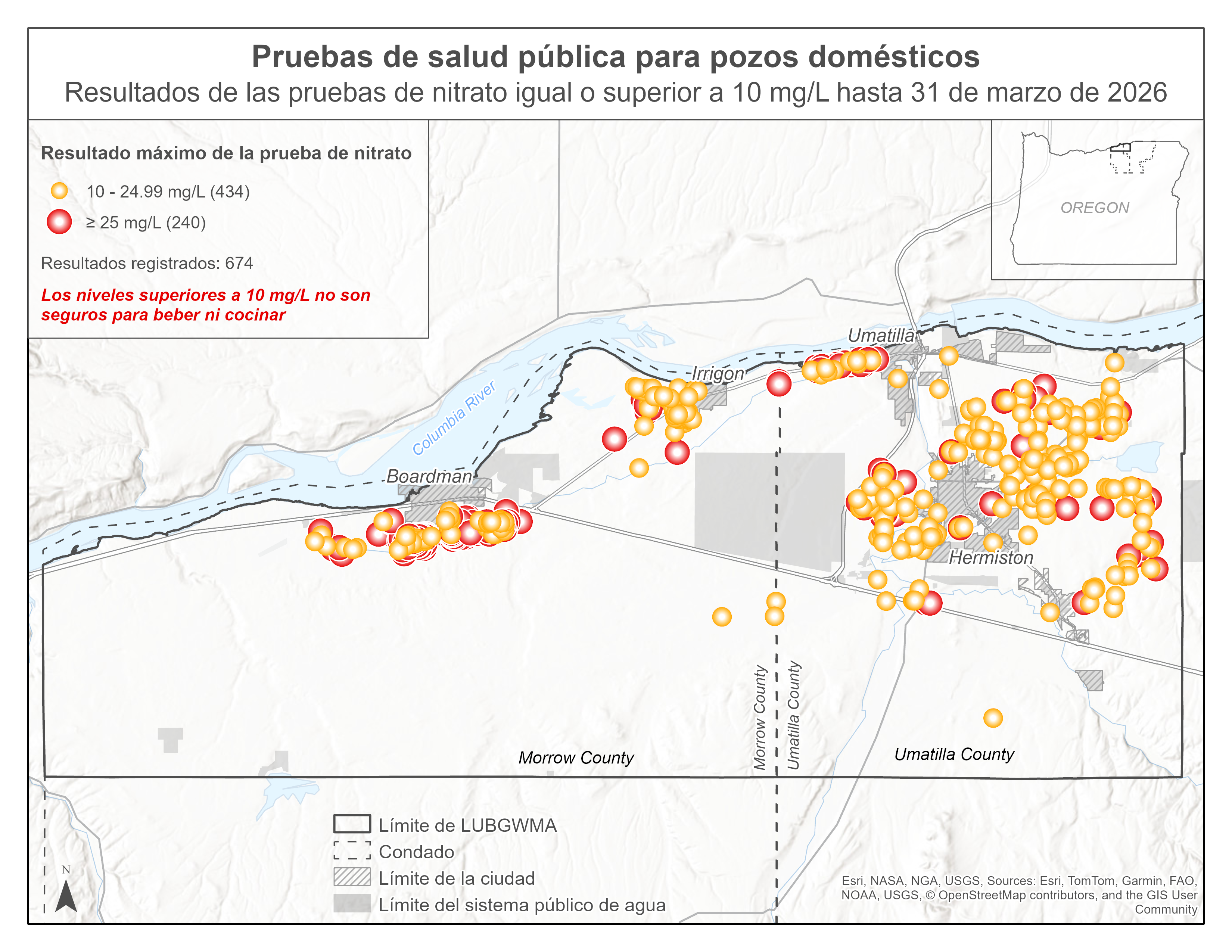 Una mapa que muestra los resultados de las pruebas de nitrato igual o superior a 10 mg/L hasta 31 de marzo de 2026