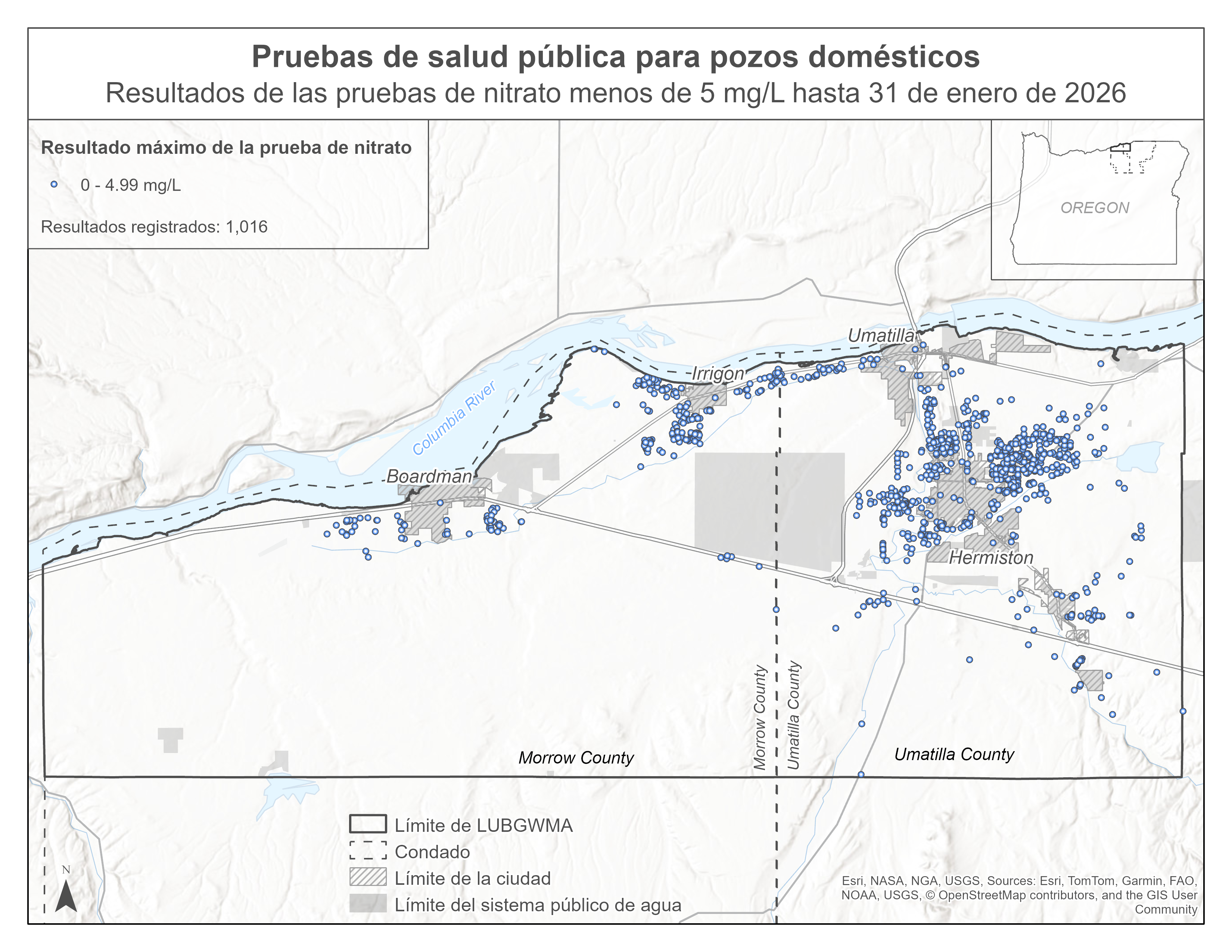 Un mapa que muestra los resultados de la prueba de nitrato por debajo de 5 mg/L