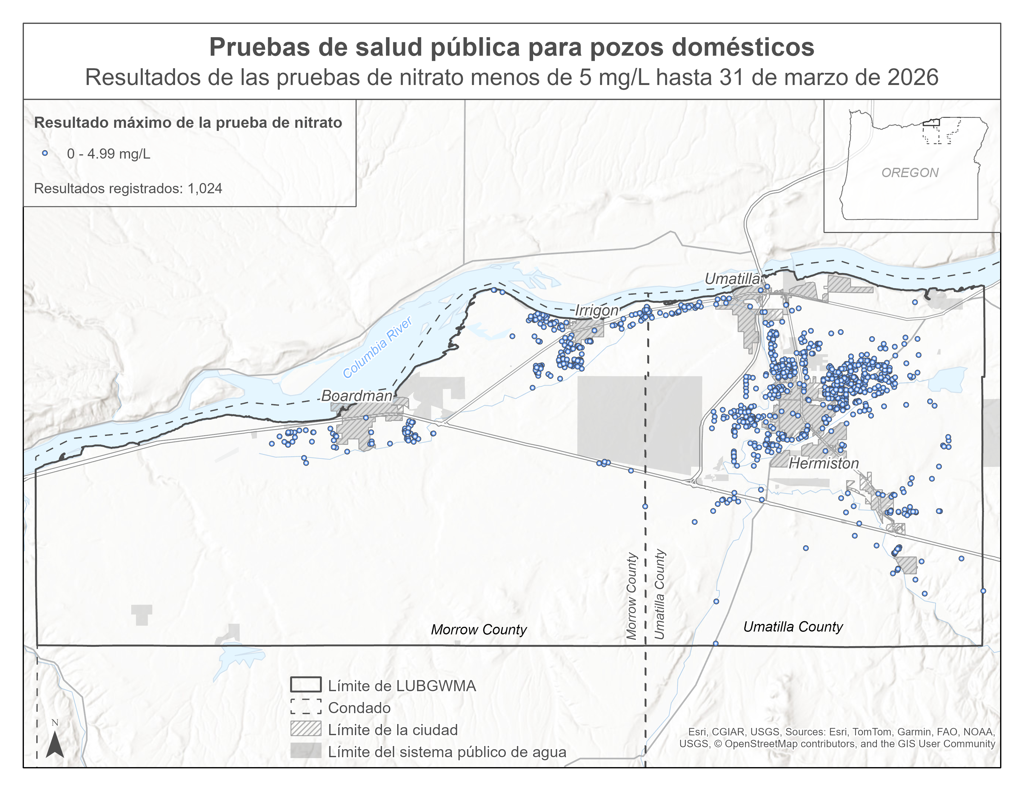 Una mapa que muestra los resultados de las pruebas de nitrato menos de 5 mg/L hasta 31 de marzo de 2026