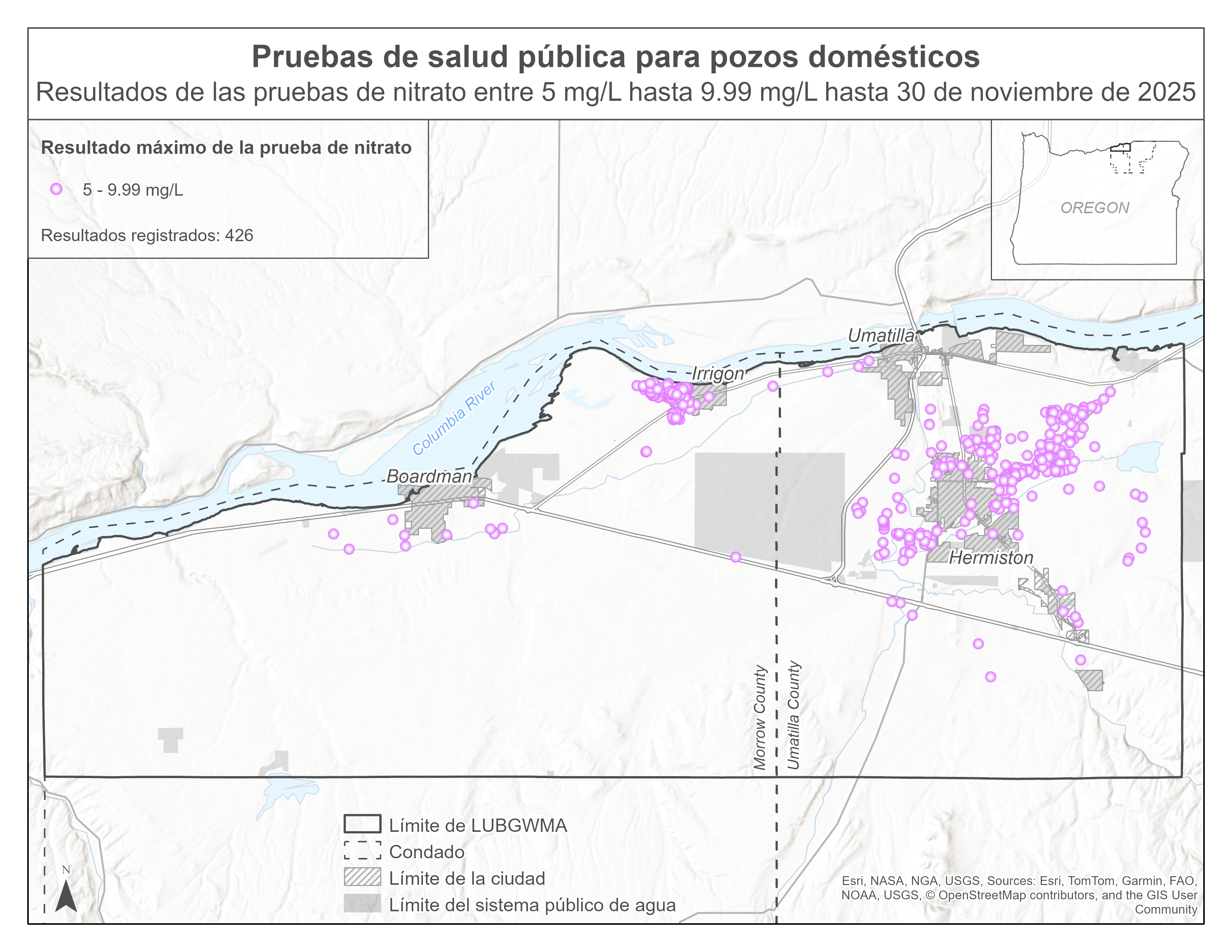 Nitrate test reults 5 mg/L to 9.99 mg/L