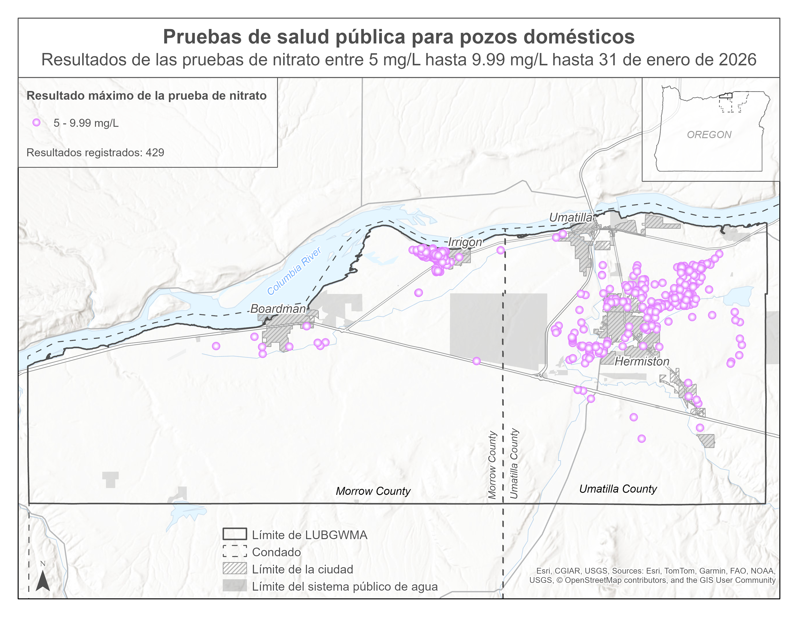 Un mapa que muestra los resultados de la prueba de nitrato entre 5 y 9.99 mg/L
