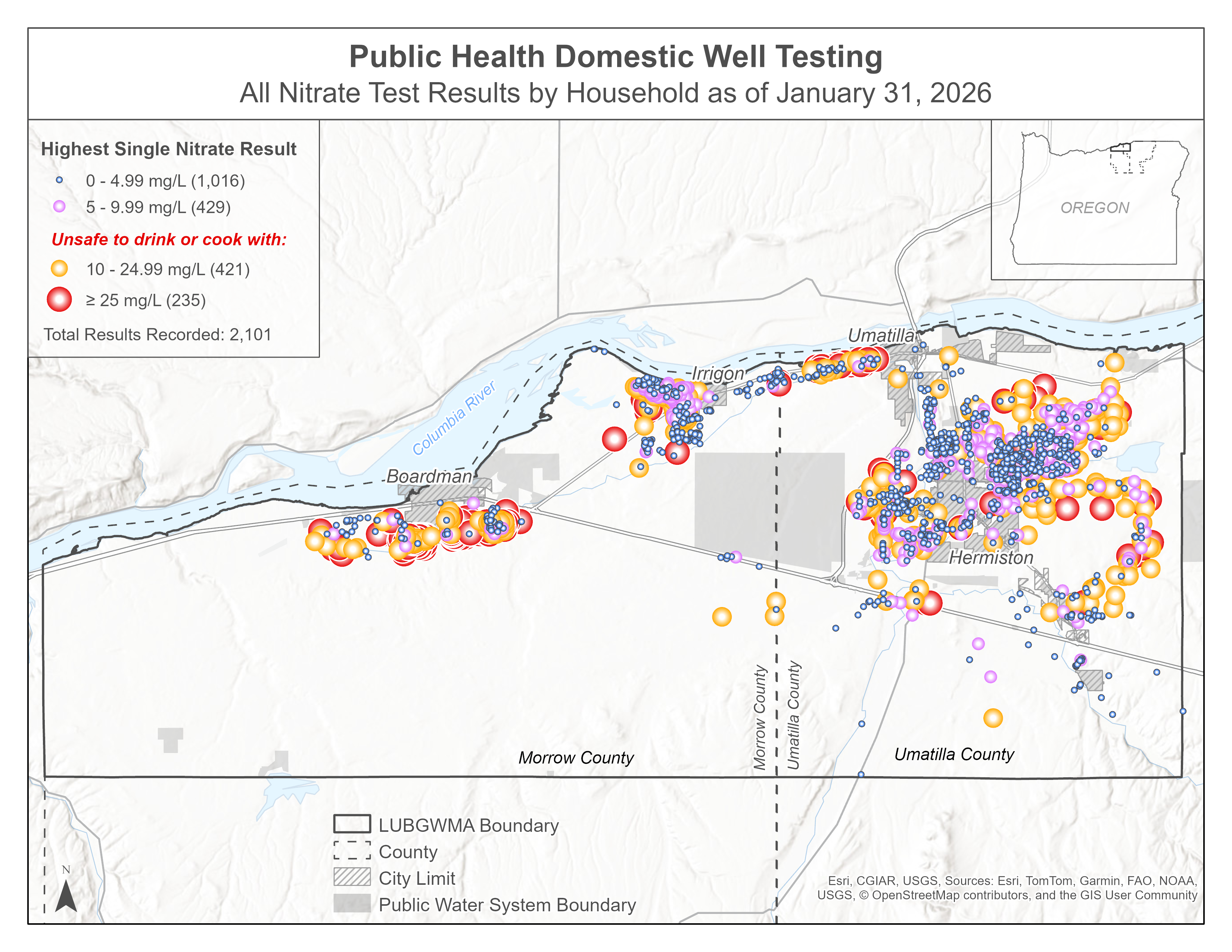 A map showing all nitrate test results