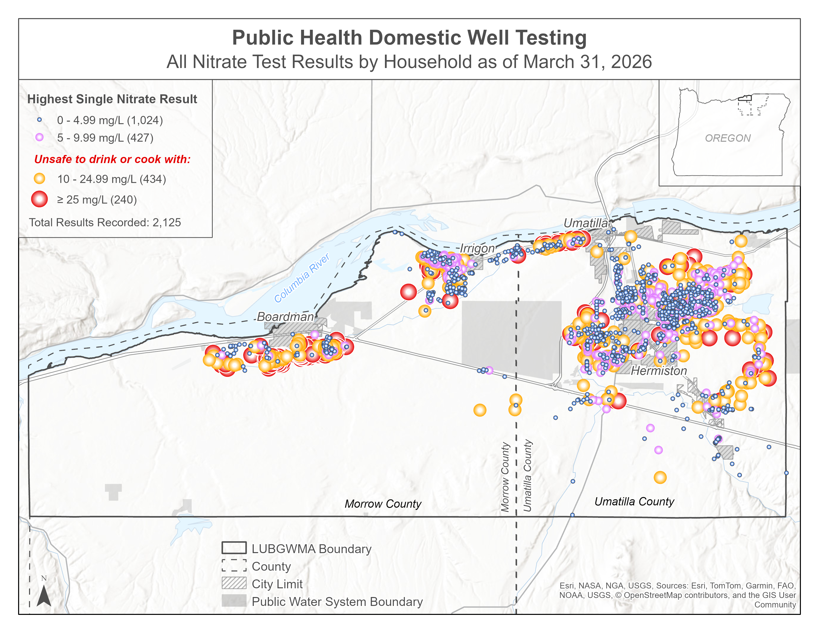 A map showing all nitrate tests by household in the LUBGWMA as of March 31, 2026