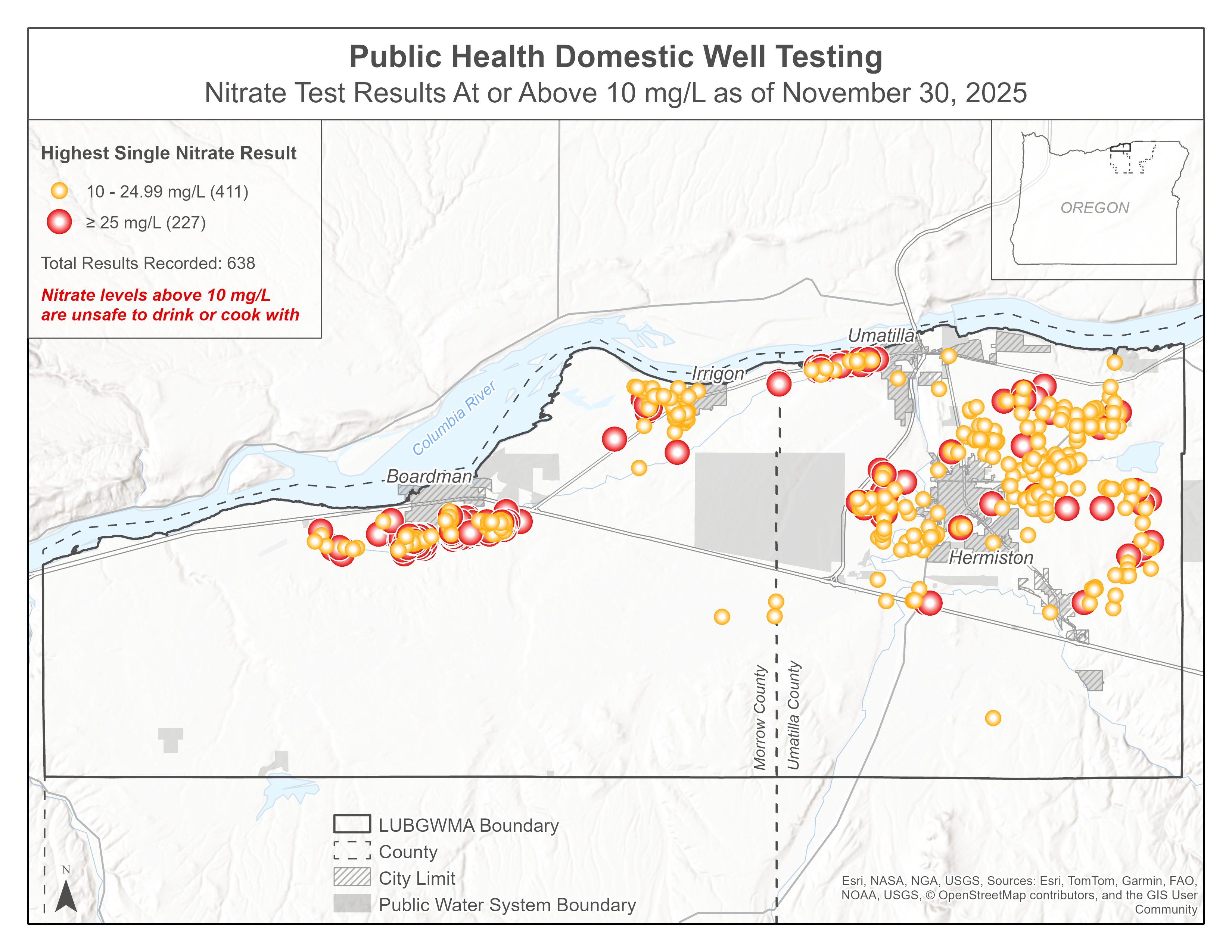 Nitrate test results at or above 10 mg/L