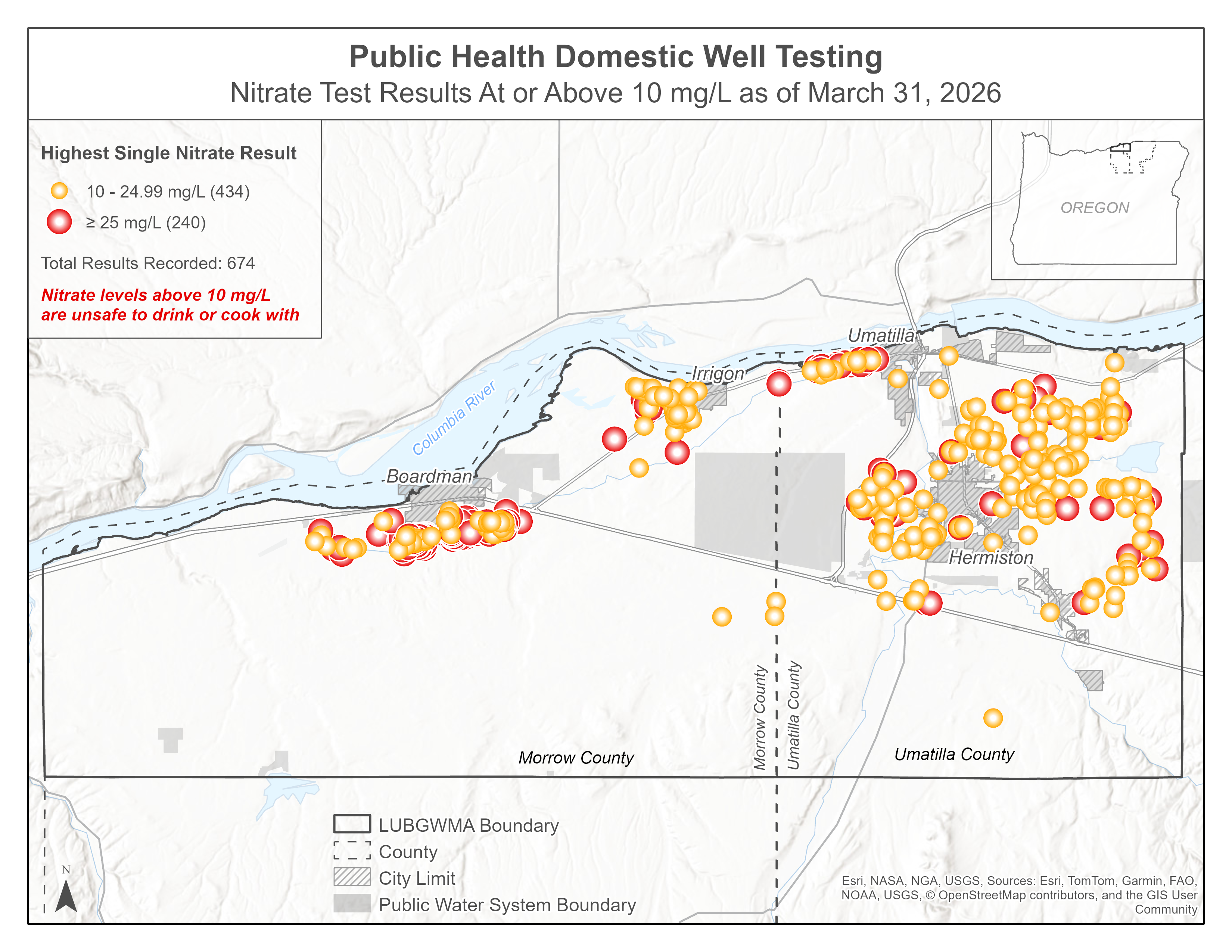 A map showing all nitrate test results at or above 10 mg/L as of March 31, 2026