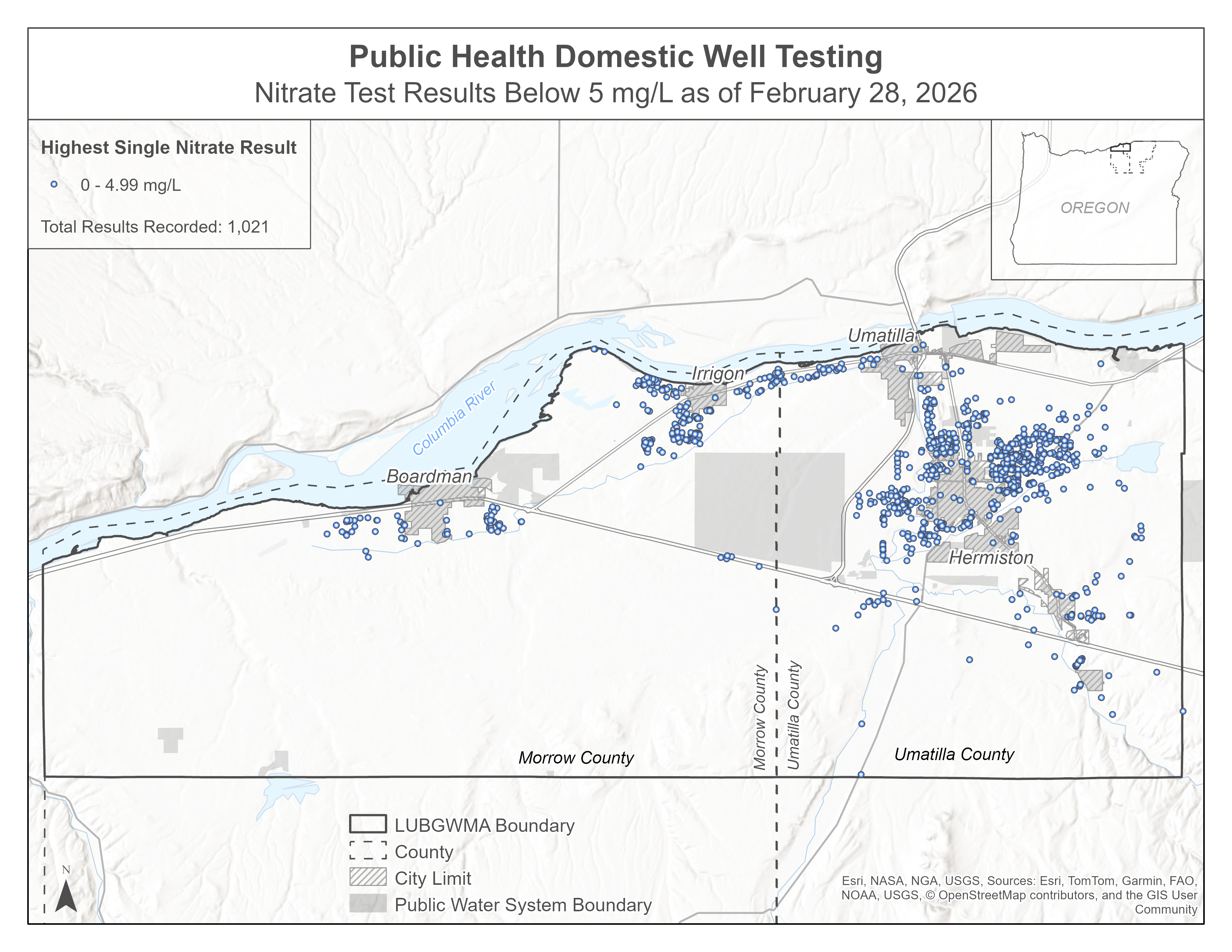 A map showing low nitrate test results as of February 28, 2026