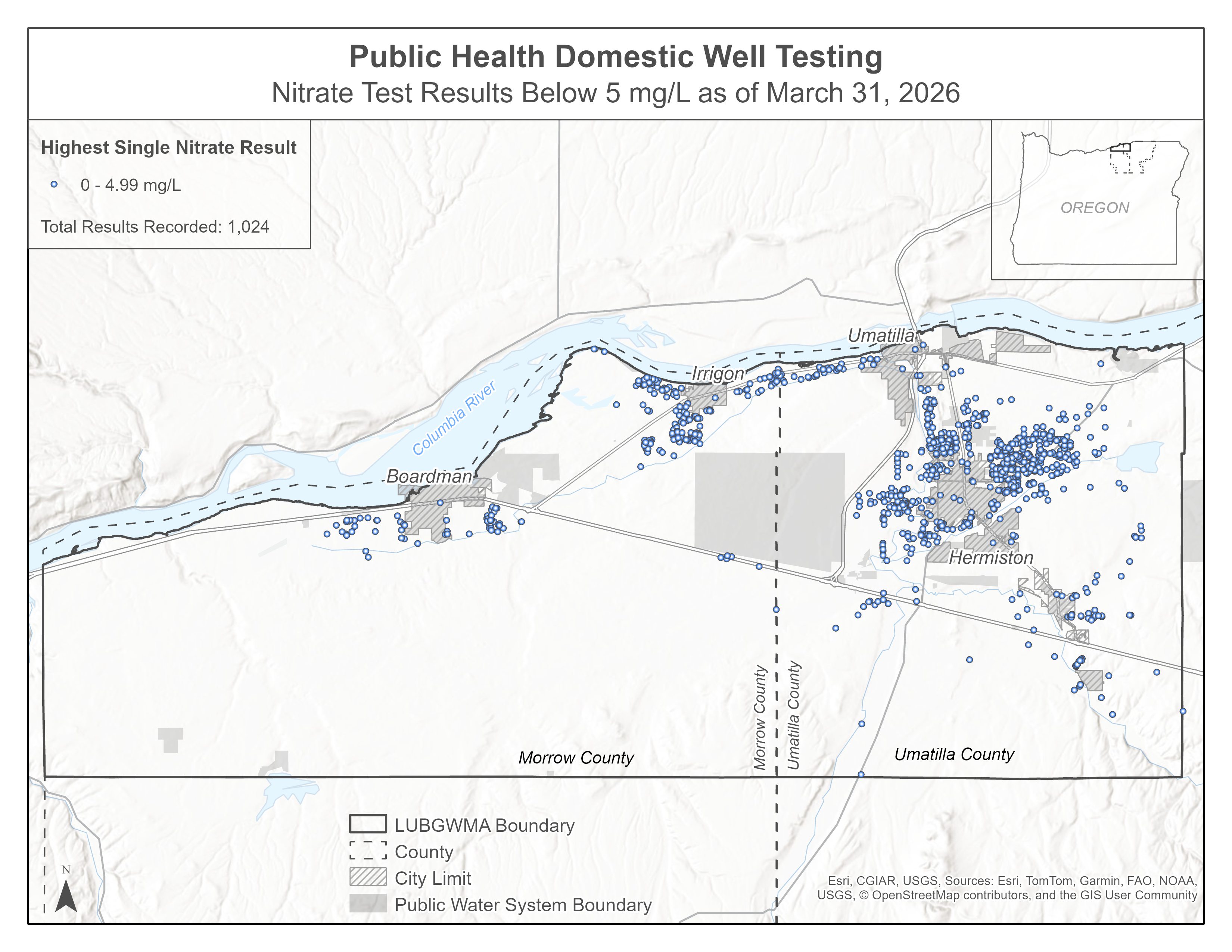 A map showing all nitrate test results below 5 mg/L as of March 31, 2026