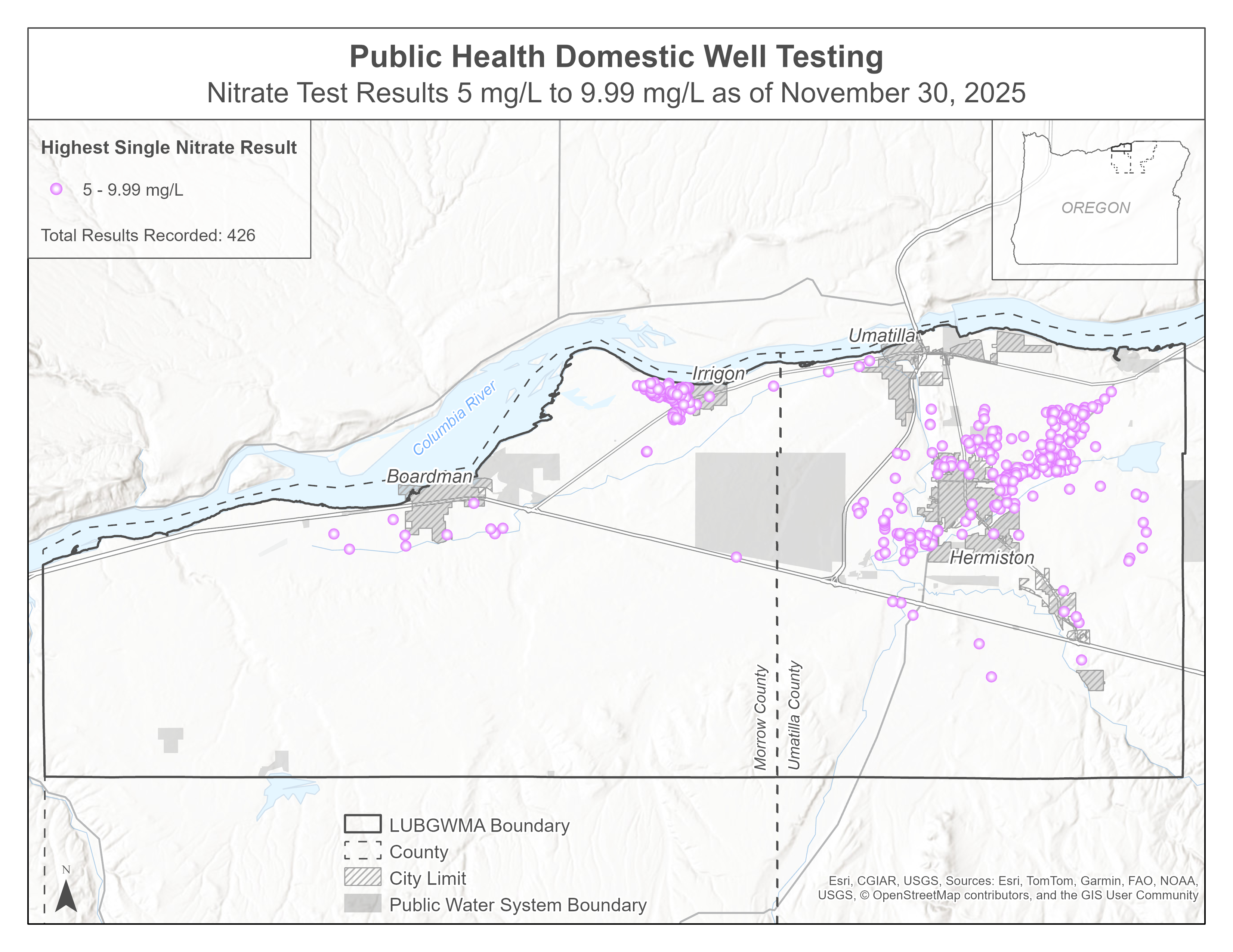 Nitrate test reults 5 mg/L to 9.99 mg/L