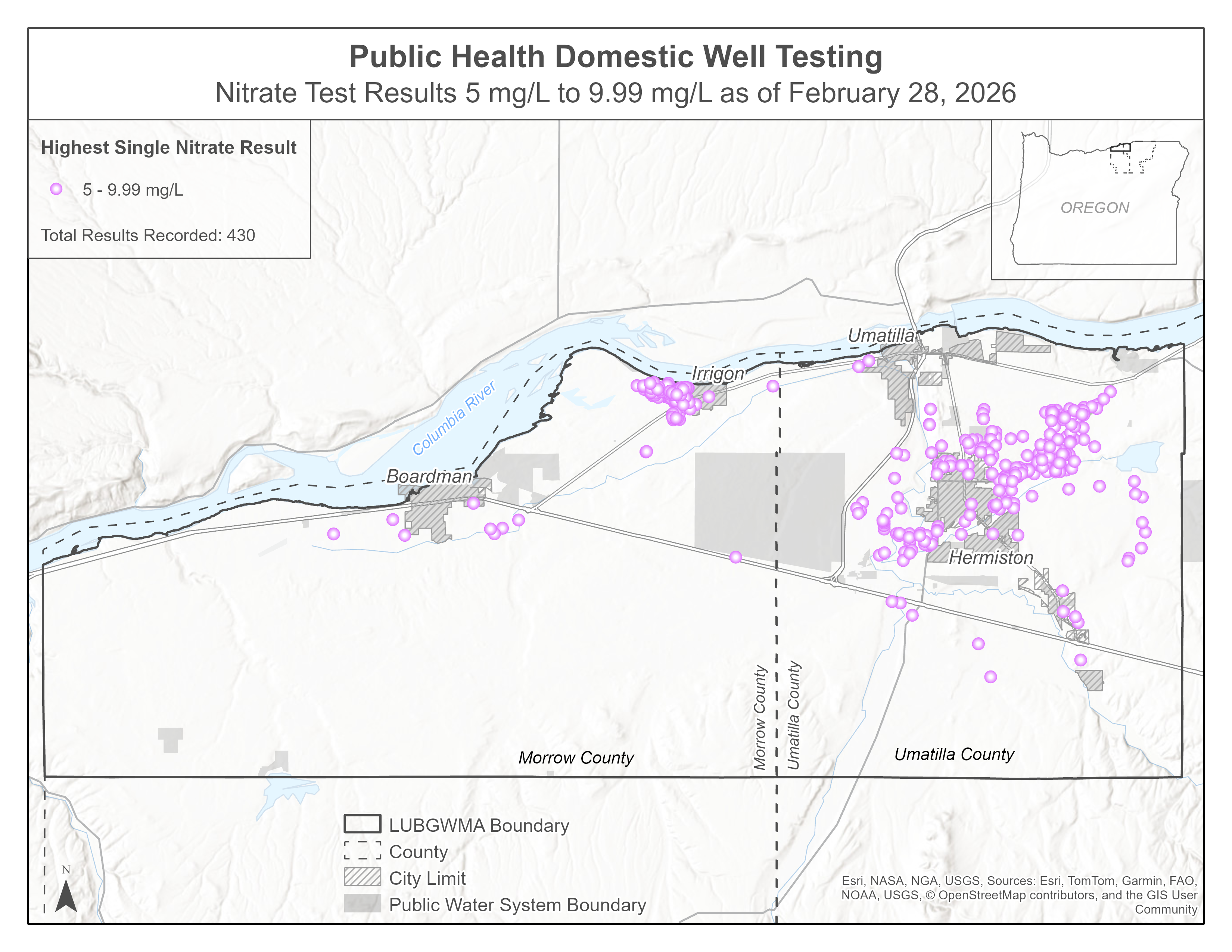 A map showing mid-range nitrate test results as of February 28, 2026