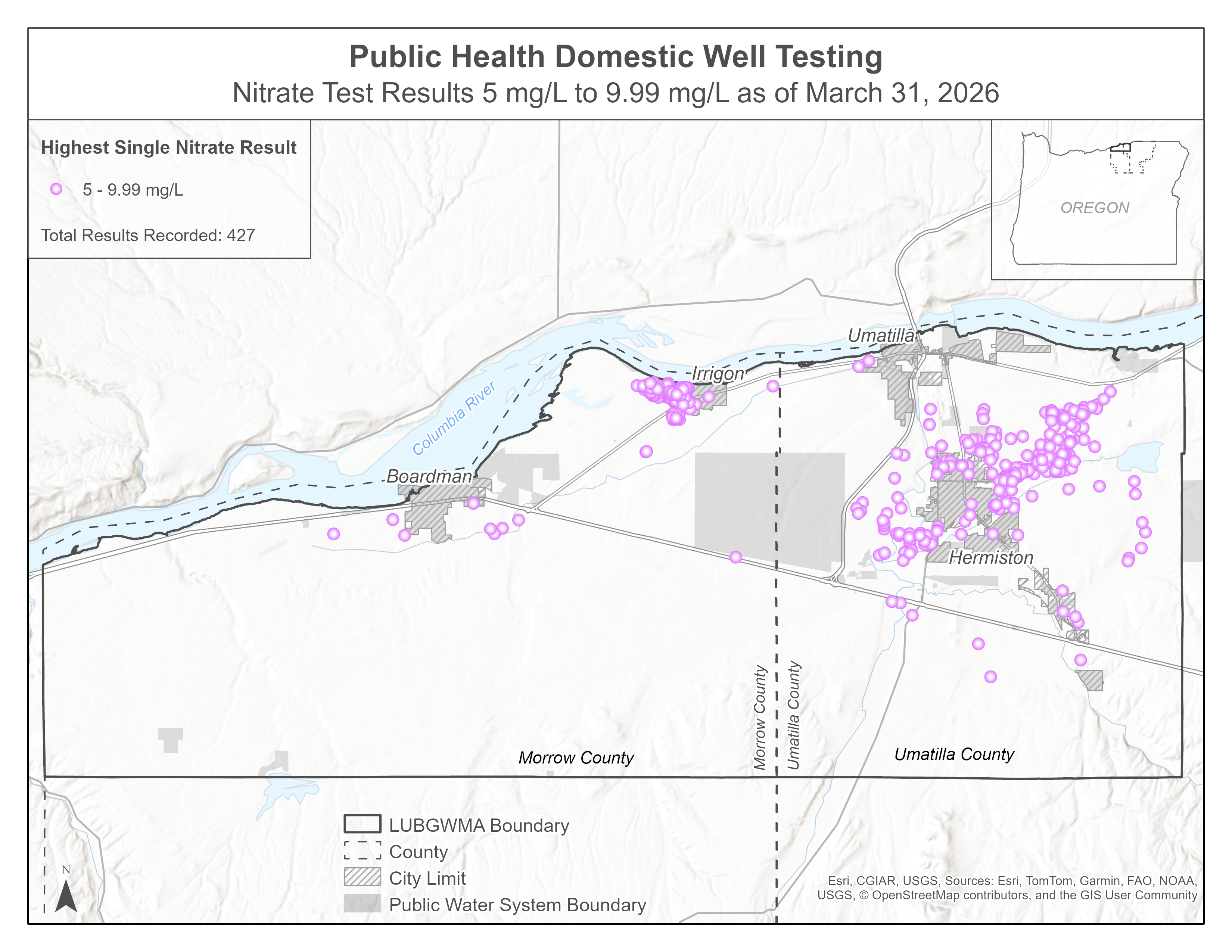 A map showing all nitrate test results from 5 to 9.99 mg/L as of March 31, 2026