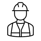 An outline of a worker wearing a vest and hard hat.