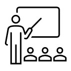 An instructor pointing at a board in front of 3 students.